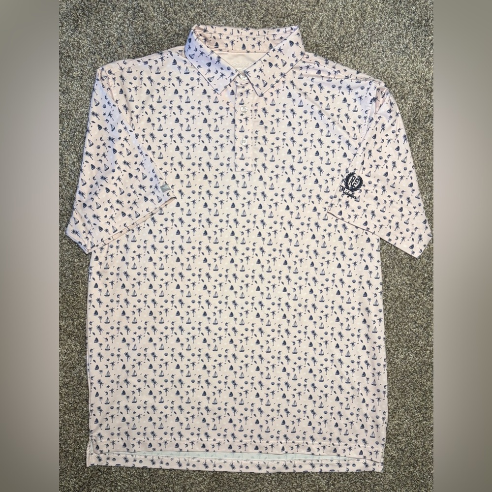 Straight Down Men’s Polo Large Palm Tree Sail Boat Print Pink - Picture 2 of 12